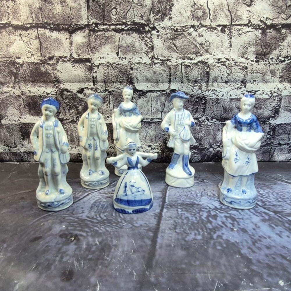 Set of 6 Vintage Statues White and Blue
